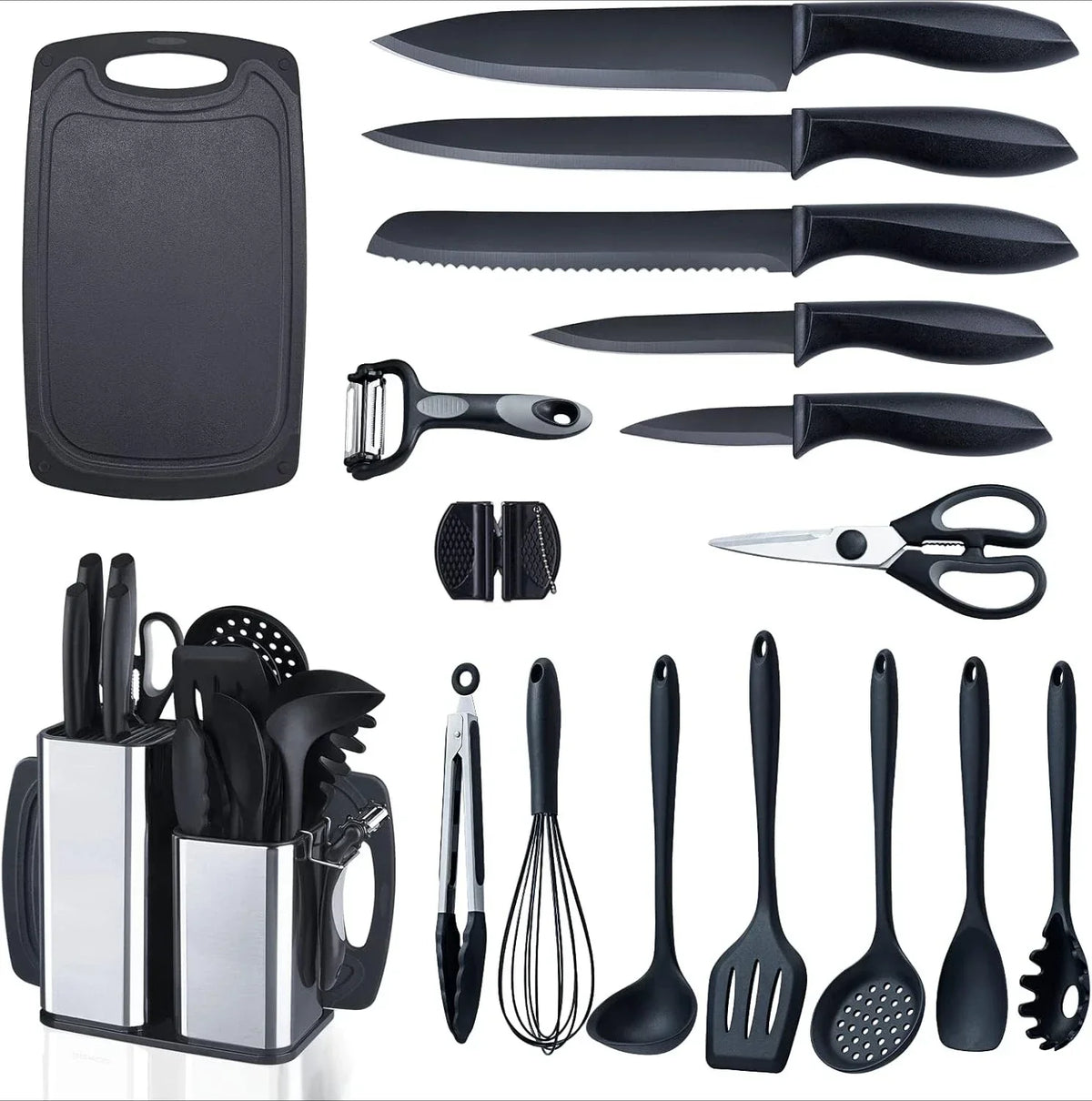 Kitchen Utensils Set,Cooking Tools,Knives,Stainless Steel Holder,Cutting Board